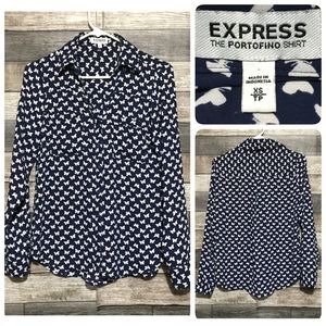 Express Portofino Shirt Women’s XS Navy Blue White Butterflies
